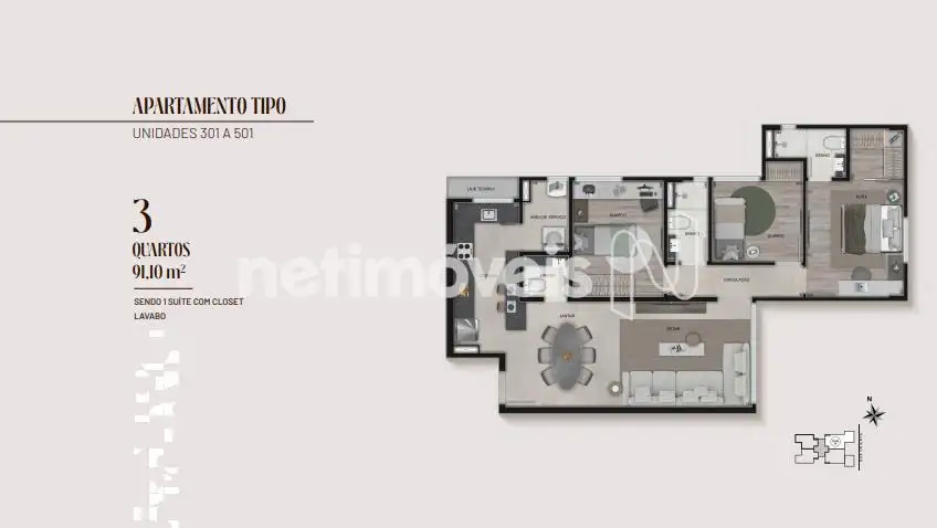 Planta Três Quartos Tipo