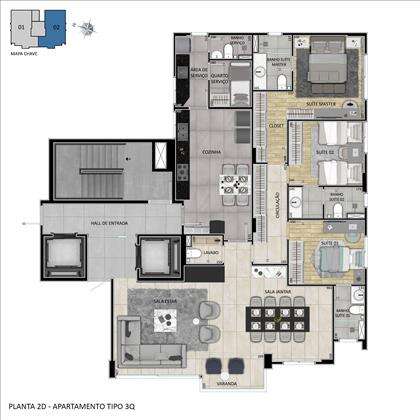 Planta 3 quartos com 4° quarto aberto p sala