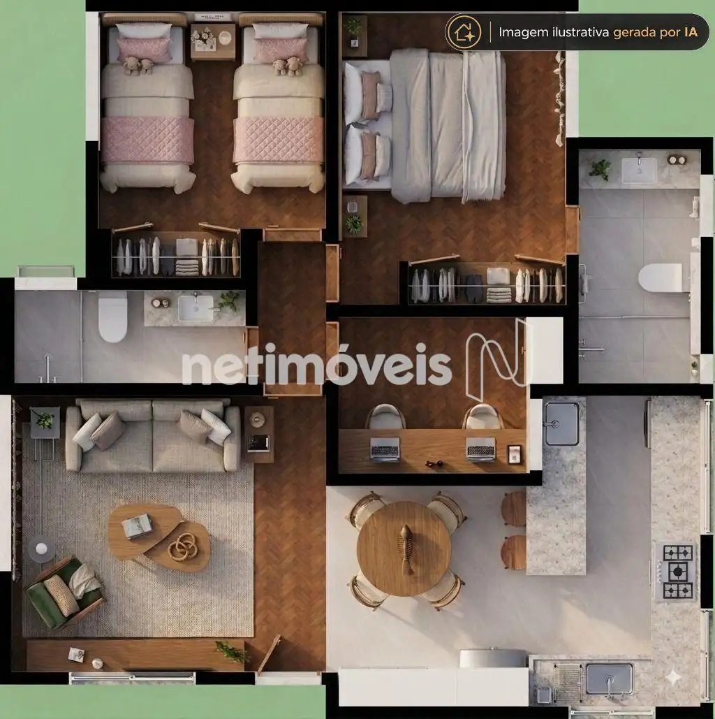 Planta 3D com mobiliário ilustrativo