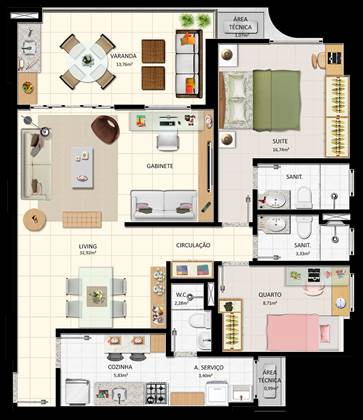 2 quartos com gabinete e suite - 89m²