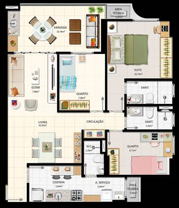 3 quartos com suite - 89m²